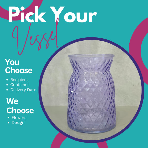 Purple textured glass vase on a teal graphic background