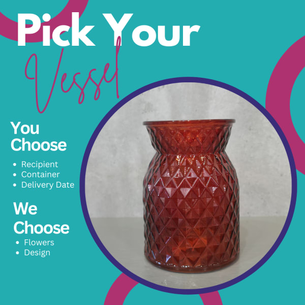 Red textured glass vase on a teal graphic background