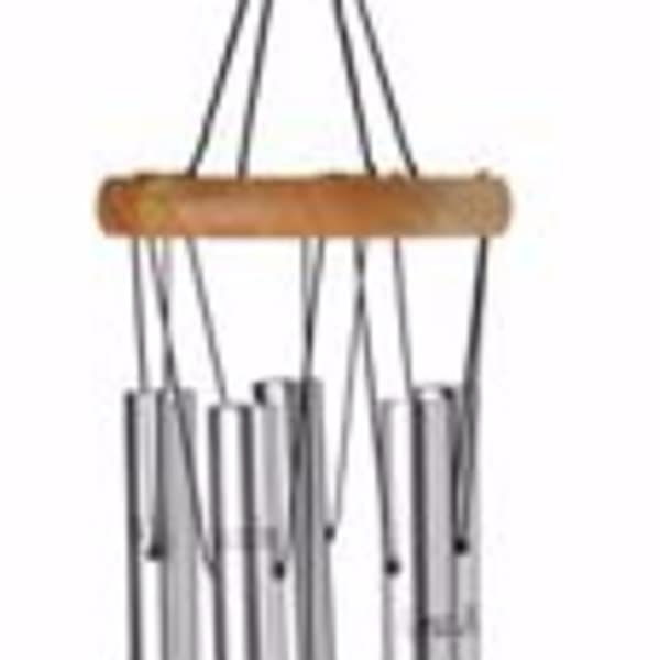 Hanging metal wind chime with a wooden tag