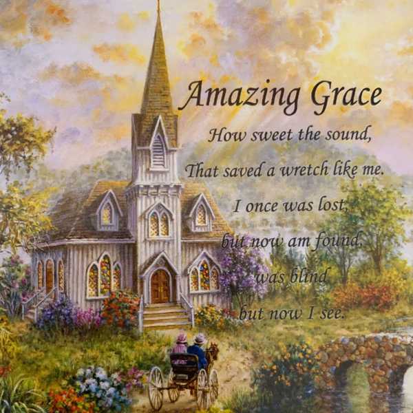 Illustrated church scene with the words "Amazing Grace" and a hymn verse