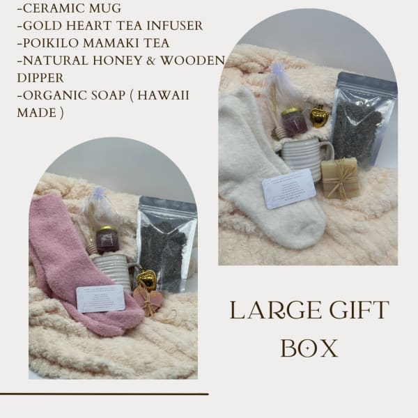 Gift box with blanket, socks, mug, tea, honey, soap, and infuser