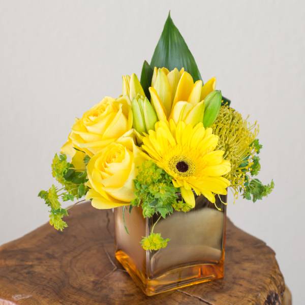 Yellow roses and a gerbera daisy in a square glass vase