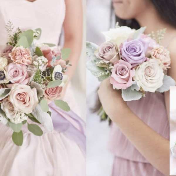 Pastel rose bouquets and boutonnieres with ribbon accents