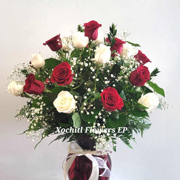 Red and white roses arranged in a burgundy vase with baby's breath