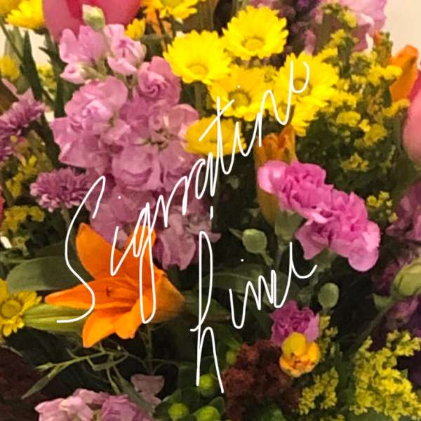 Mixed bouquet with pink roses, purple flowers, and yellow daisies