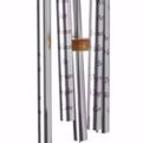 Hanging wind chime with metal tubes and a wooden prayer plaque