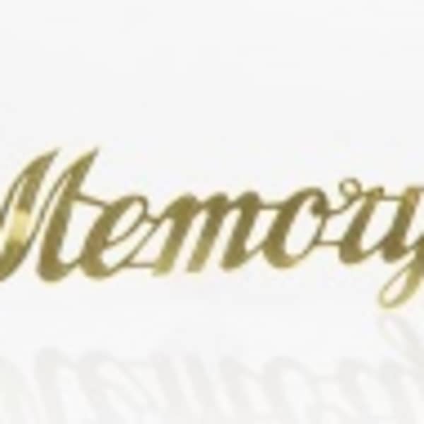 Gold script reading "Memory" on a white background