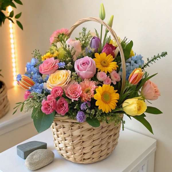 Colorful mixed flower basket with roses and tulips