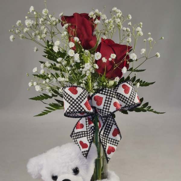 Classic Red Rose Bud Vase & Hugging Bear