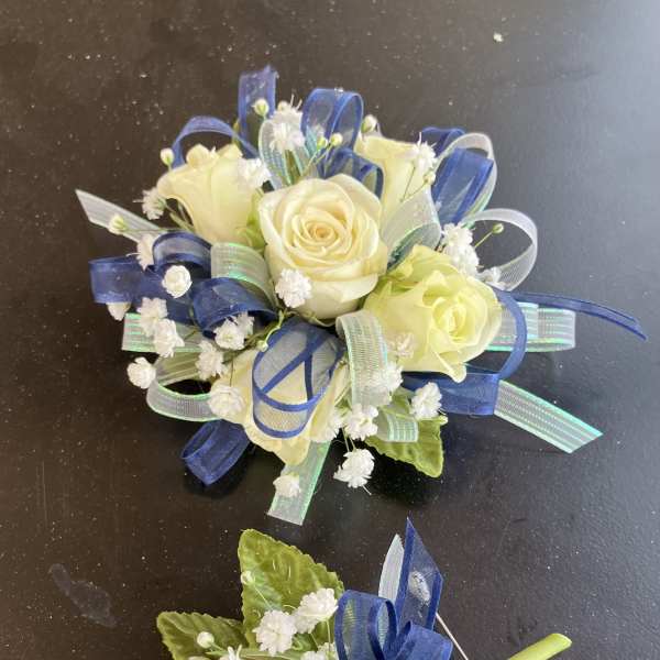 White Rose Corsage and Boutonniere Set with Blue
