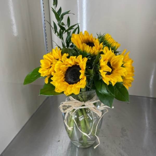 Sunflower bouquet in a clear glass vase with a raffia bow