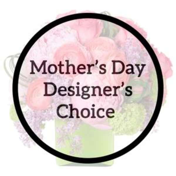 Pastel pink and lavender mixed flower arrangement in a light green cube vase with Mother’s Day text overlay.