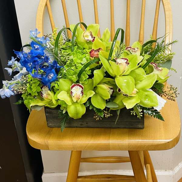 Green orchids and blue flowers in a rectangular wooden container