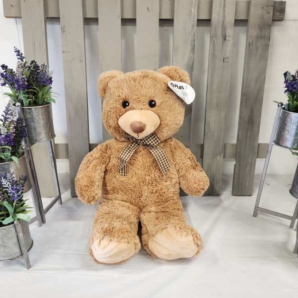 Large teddy bear with a checkered bow, flanked by small purple flower arrangements