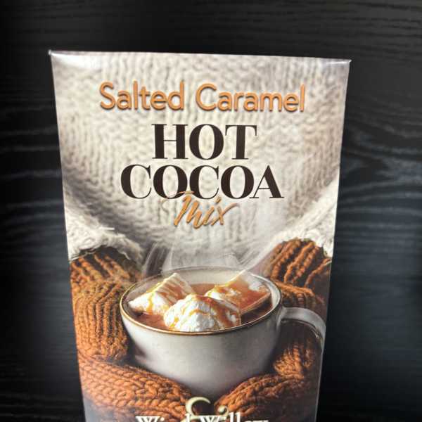 Box of salted caramel hot cocoa mix with a mug of cocoa on the front