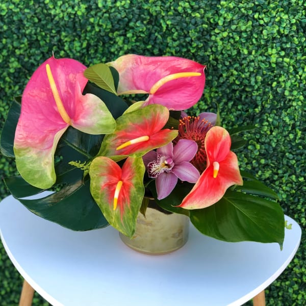 Pink and red anthuriums with a purple orchid in a gold vase