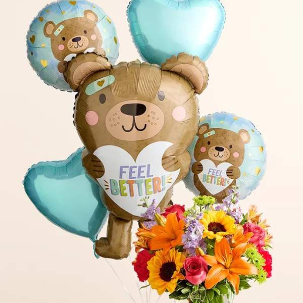 Bear-shaped balloons with a colorful flower bouquet and "Feel Better" message