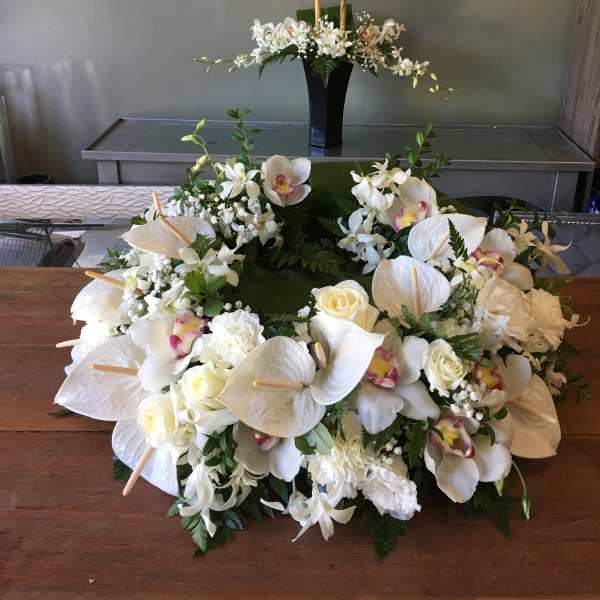 #145 ANTHURIUM & ORCHID GARDEN URN ARRANGEMENT