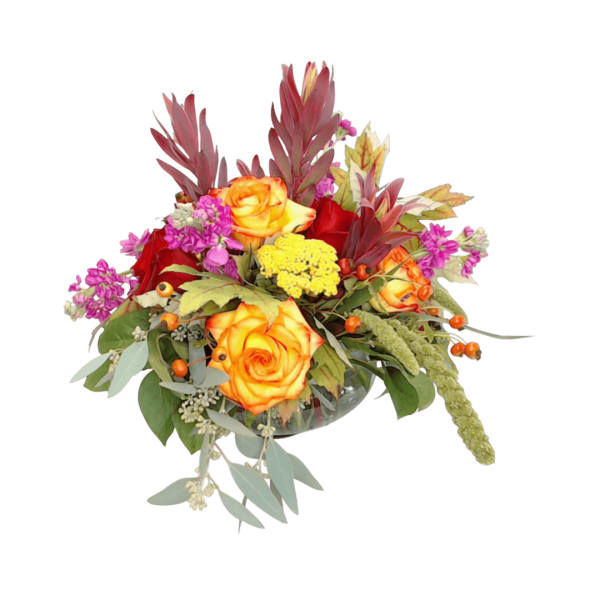 Bouquet of orange and red roses with purple accents