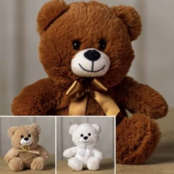 Plush teddy bear with a ribbon bow, shown in brown with tan and white variants