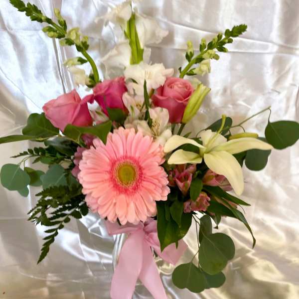 Pink and white mixed bouquet with a large pink gerbera daisy