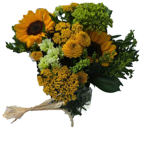 Bouquet of yellow flowers with sunflowers and green mums tied with a ribbon