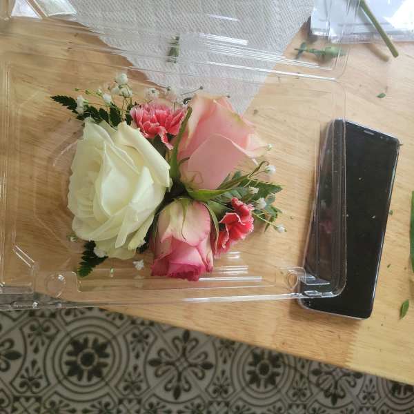 Small bouquet of pink and white roses in a clear plastic box