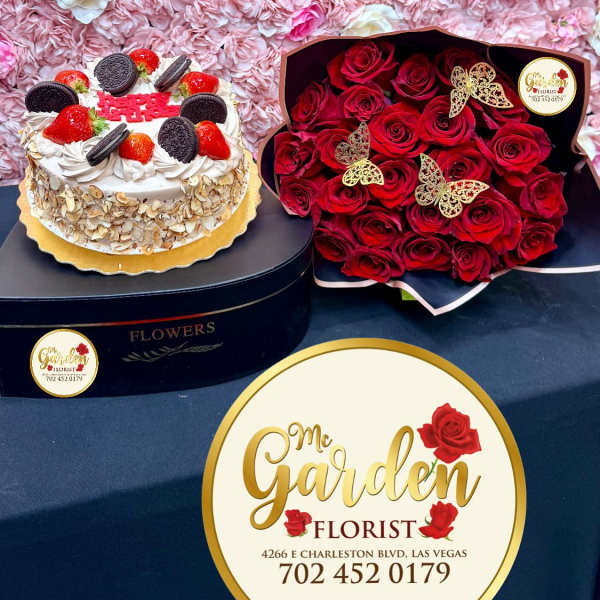 Cake and red rose bouquet with butterfly decorations