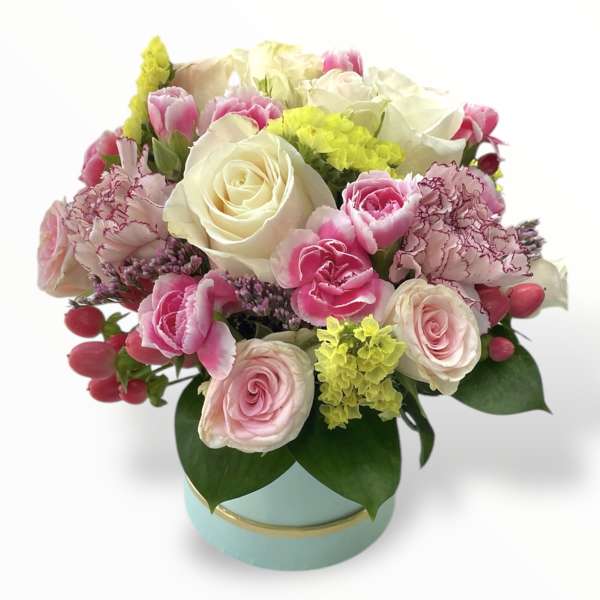 Pink and white rose bouquet in a round blue box