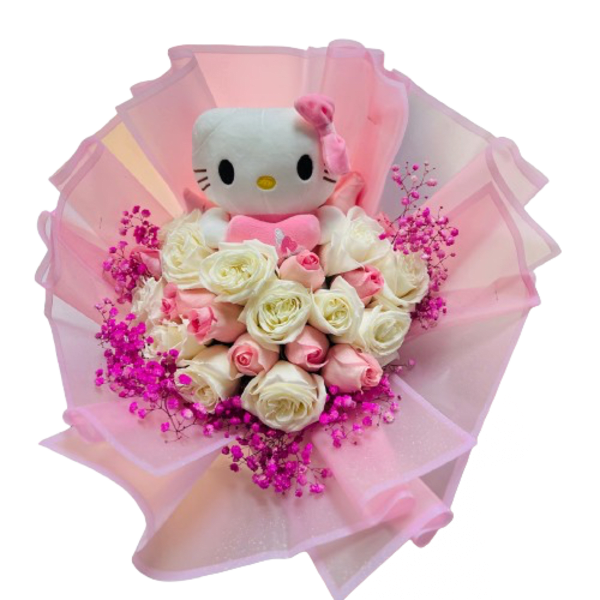 Bouquet of white and pink roses with bright pink filler and a Hello Kitty plush wrapped in ruffled pink paper