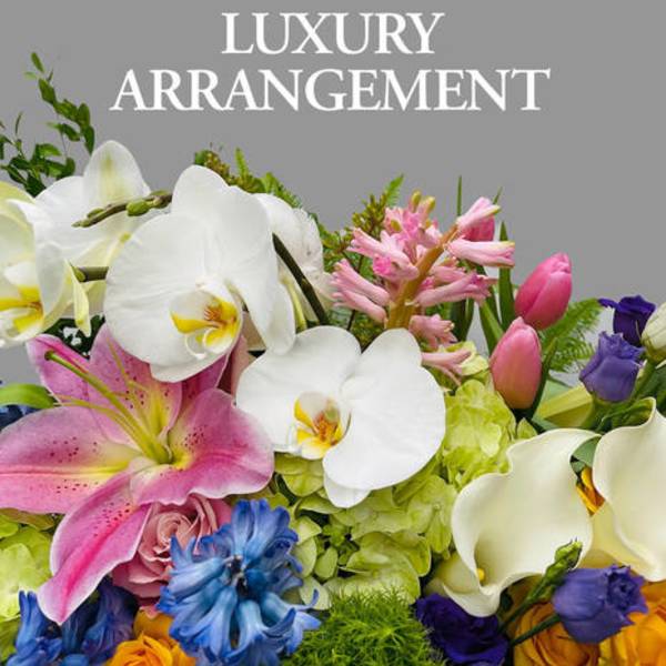 Mixed bouquet with white orchids, pink lilies, and purple flowers