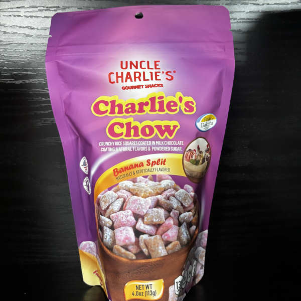 Purple bag of Charlie's Chow banana split snack mix
