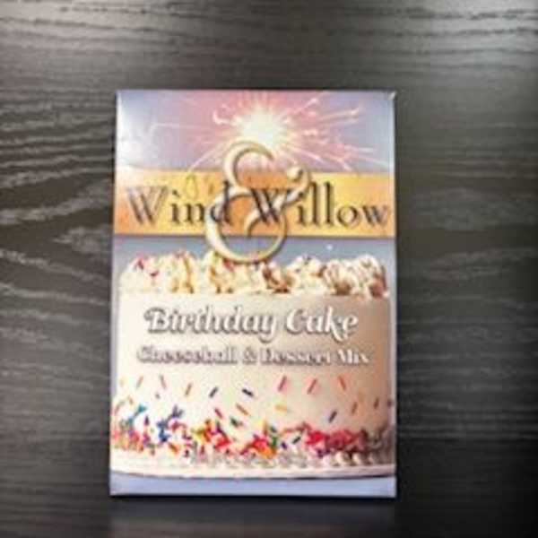 Birthday cake mix box on a dark table