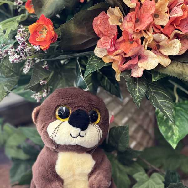 Plush otter beside a floral arrangement with pink hydrangeas and orange blooms