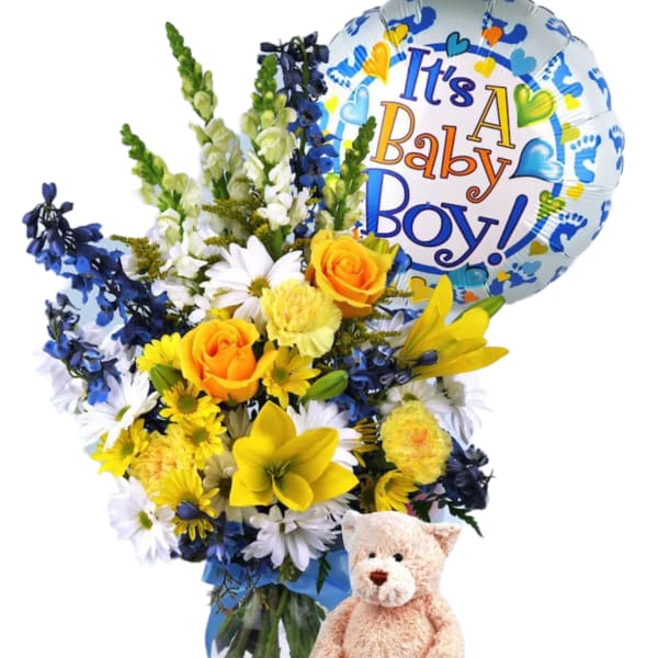 Bouquet with a baby boy balloon and teddy bear