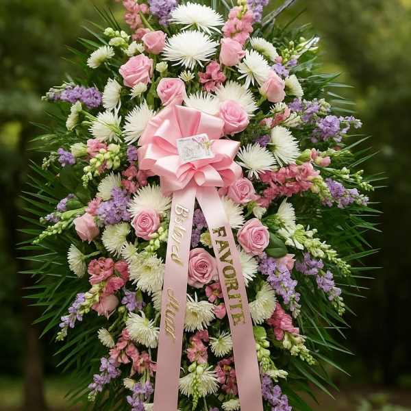Large pink and white funeral wreath on a stand with ribbon