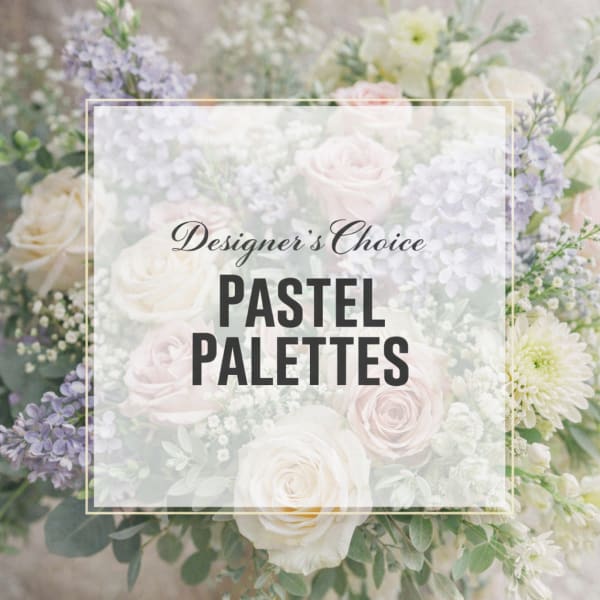 Pastel floral arrangement with roses and lavender blooms behind text