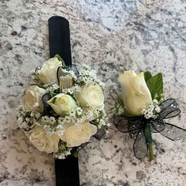 White Rose Corsage and Boutonniere Set