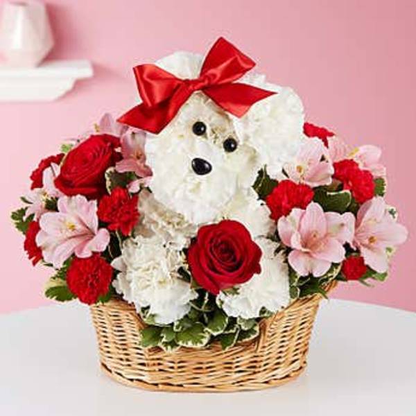 White teddy bear with a red bow in a basket of red and pink flowers