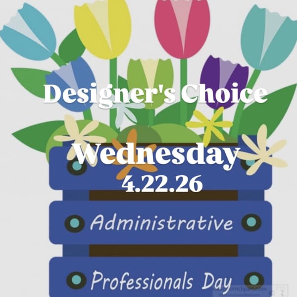 Graphic of colorful tulips in a blue crate with event text