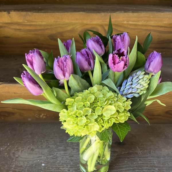 Purple tulips and green hydrangea in a clear glass vase