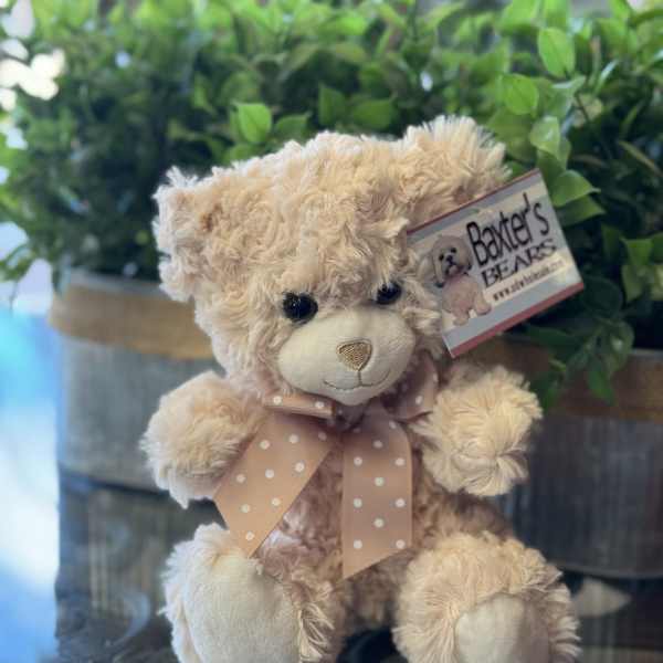 Plush teddy bear with a pink polka-dot bow sitting in front of greenery