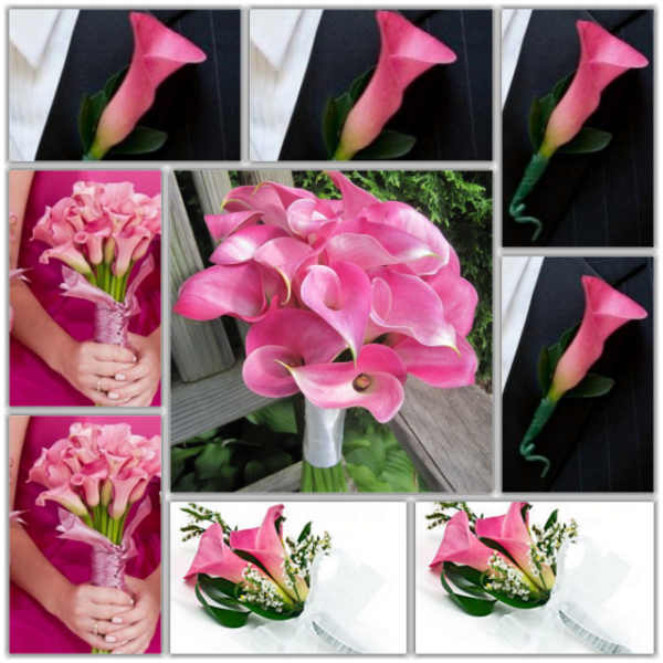 Pink calla lily bouquets and boutonnieres arranged in a collage