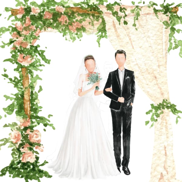 Watercolor bride and groom under a floral arch