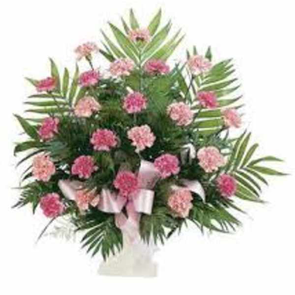 Pink carnation arrangement with palm leaves and a pale ribbon in a vase
