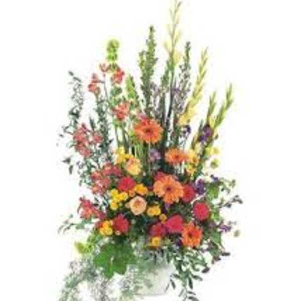Tall mixed flower arrangement in a white container