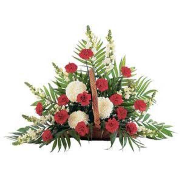 Red and white carnations arranged in a basket with palm leaves