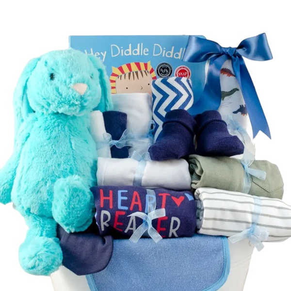 Blue baby gift basket with a plush bunny and folded clothes