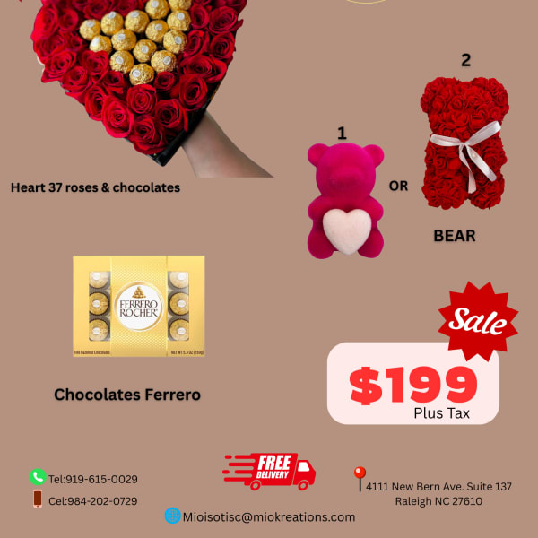 Heart-shaped red rose arrangement with Ferrero Rocher chocolates in the center