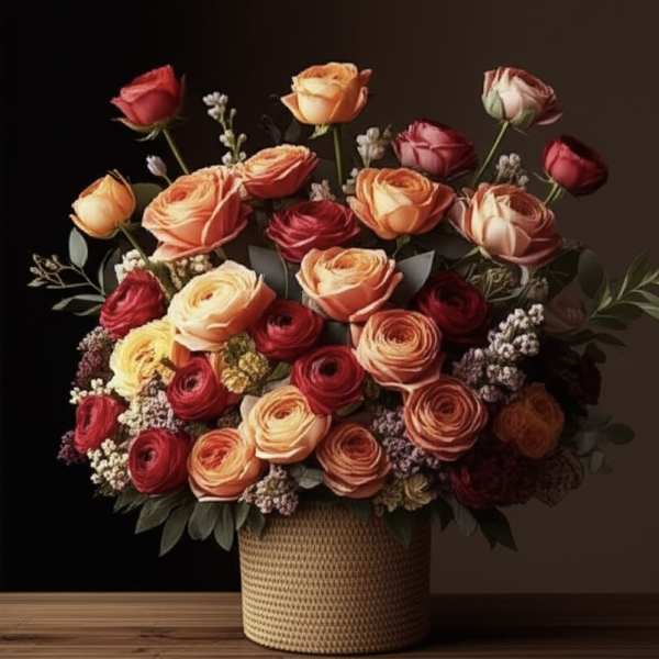 Large bouquet of red, peach, and yellow roses in a woven basket